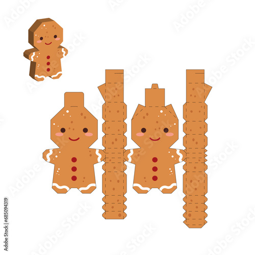 Simple packaging favor box gingerbread man design for sweets, candies, small presents. Party package template. Print, cut out, fold, glue. Vector stock illustration
