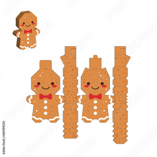 Simple packaging favor box gingerbread man design for sweets, candies, small presents. Party package template. Print, cut out, fold, glue. Vector stock illustration