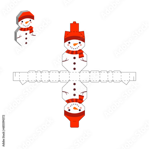 Simple packaging favor box snowman design for sweets, candies, small presents. Party package template. Print, cut out, fold, glue. Vector stock illustration