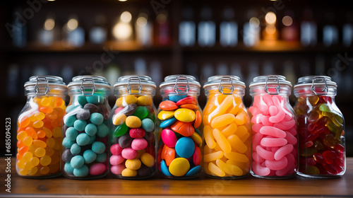 Colorful candies in glass jars on wooden table.