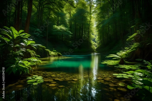 A narrow dirt trail through a dense forest, opening up to reveal a hidden lake with crystal-clear water reflecting the lush greenery of the surrounding landscape. © AR Arts