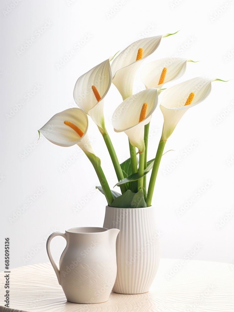 Bouquet of calla flowers in a vase and pitcher on a table. Bouquet of calla flowers in a vase and pitcher on a table.