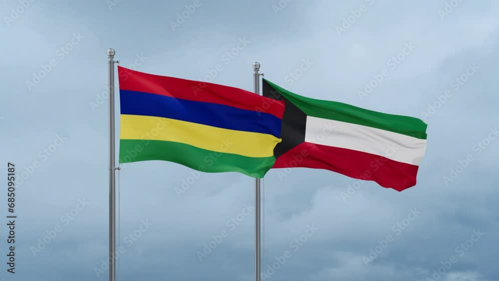 Kuwait and Mauritius flag waving together on cloudy sky, endless seamless loop, two country cooperation concept Kuwait and Mauritius flag waving together on cloudy sky, endless seamless loop, two country cooperation concept