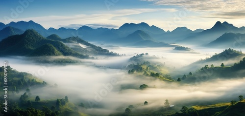 Foggy landscape in the jungle. Fog and cloud mountain tropic valley landscape. aerial view, wide misty panorama