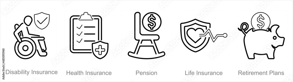 A set of 5 Employee Benefits icons as disability insurance, health insurance, pension A set of 5 Employee Benefits icons as disability insurance, health insurance, pension