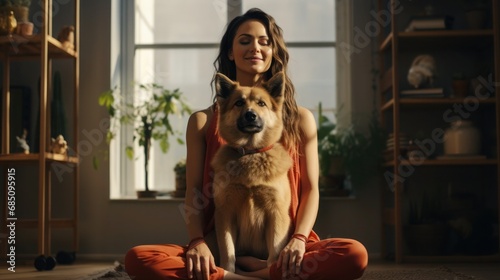 Serene meditation scene of a woman in tune with her attentive pet dog.