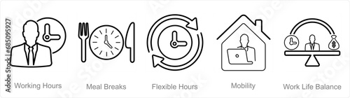 A set of 5 Employee Benefits icons as working hours, meal breaks, flexible hours