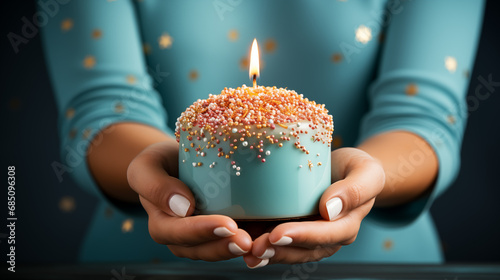 Hands presenting a birthday cake with a single lit candle against a pastel blue backdrop