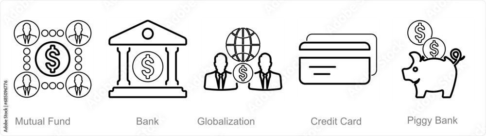 A set of 5 Finance icons as mutual funds, bank, globalization - obrazy, fototapety, plakaty 