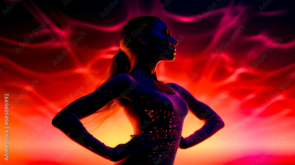 Woman standing in front of red and purple background with her hands on her hips.