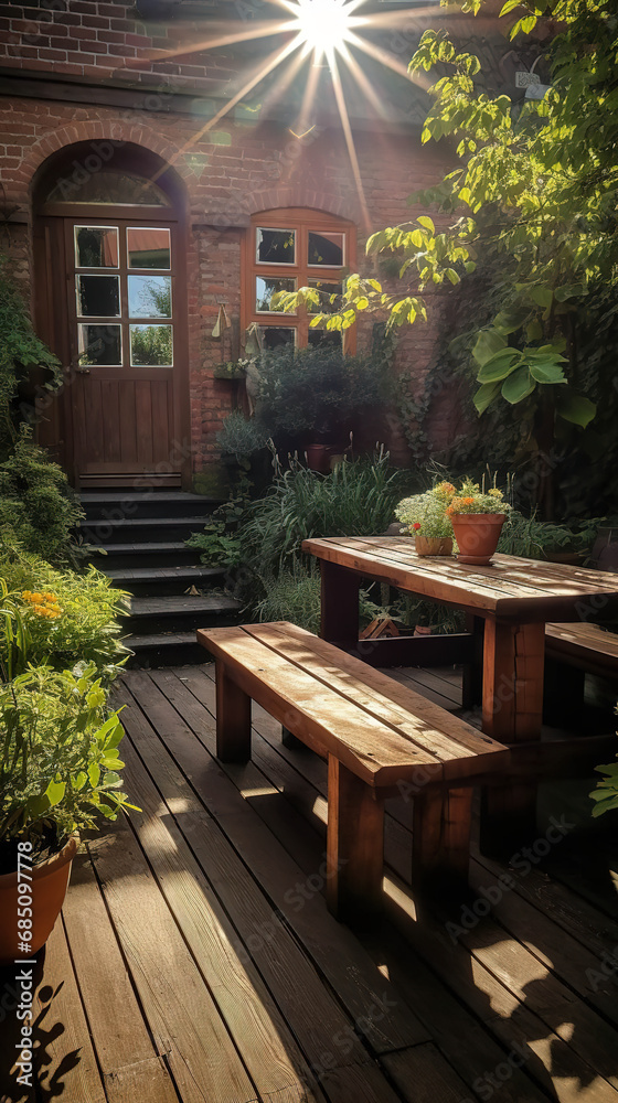 Serenity in the Sun: A Wooden Picnic Table in a Sunny Garden