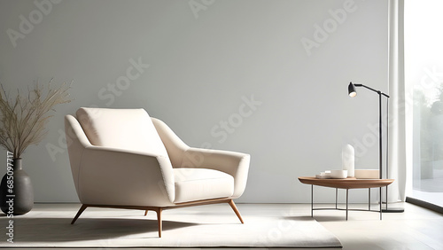 Minimalist interior design of living room with cosy white armchair, table and natural light. 3D rendering illustration for design, template, artwork
