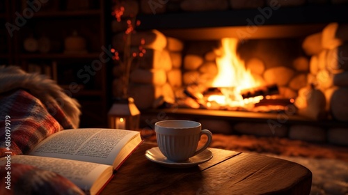 fireplace with a cup of coffee
