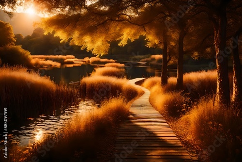 A lakeside trail during the golden hour, where the warm sunlight bathes the landscape in a soft glow, highlighting the beauty of the path and the serene lake.