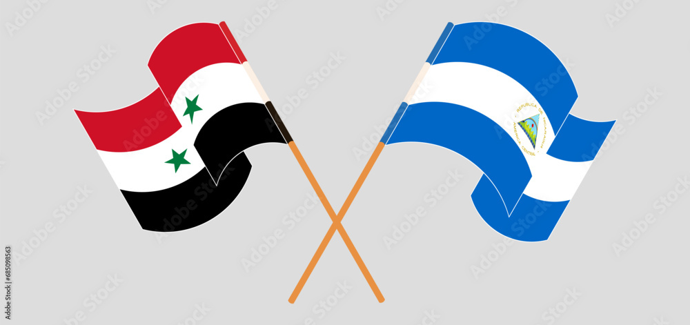 Crossed and waving flags of Syria and Nicaragua Crossed and waving flags of Syria and Nicaragua