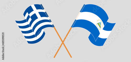 Crossed and waving flags of Greece and Nicaragua