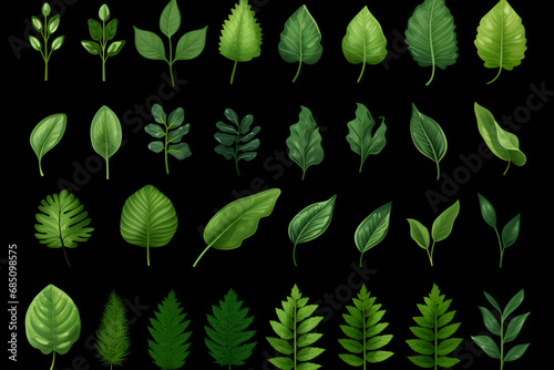 Leaves, art set. Graphic line plant, green foliage on black background. Generated AI