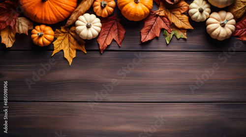Autumn flat lay background. Pumpkins and fall leaves