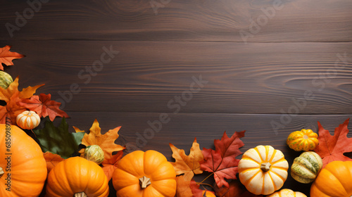 Autumn flat lay background. Pumpkins and fall leaves