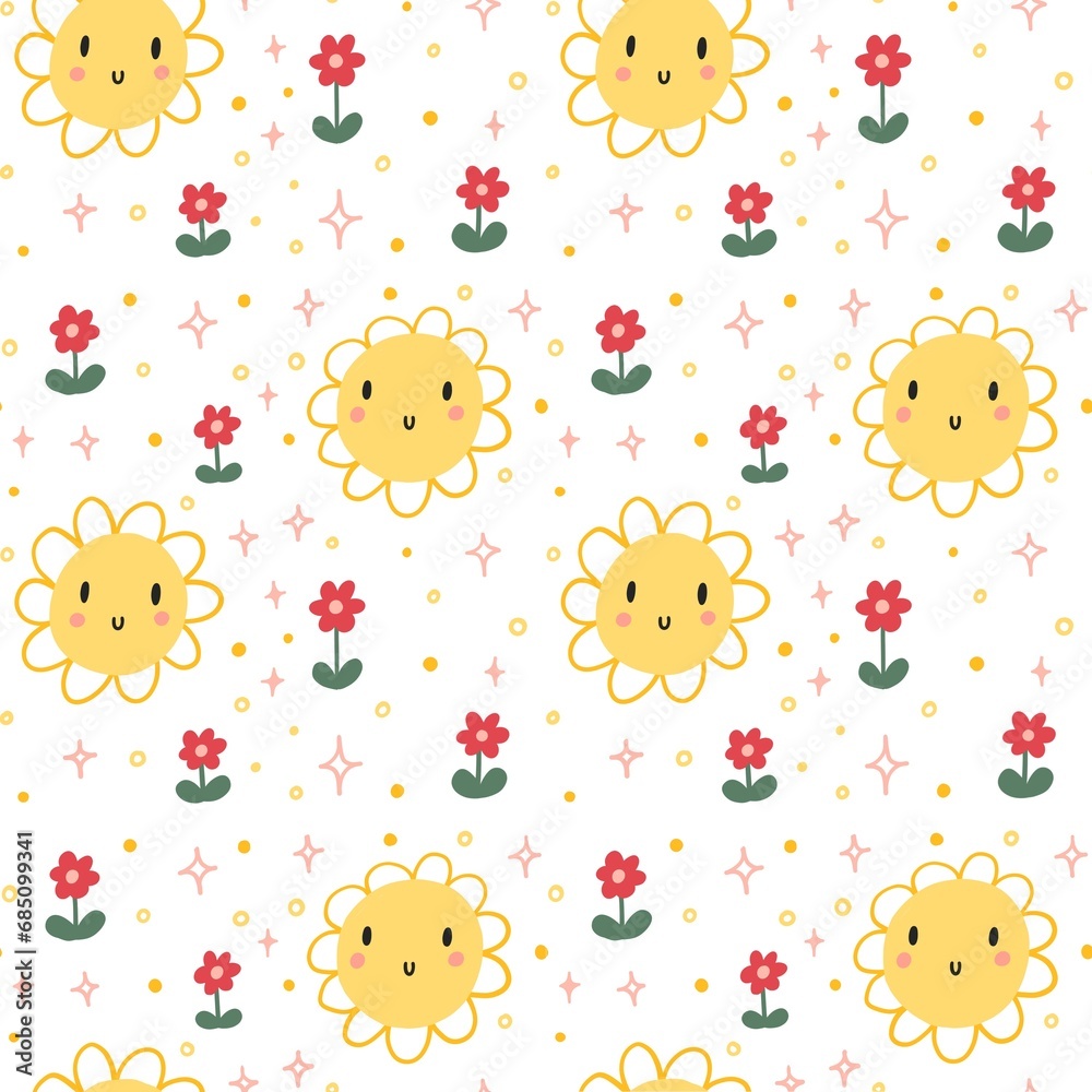 Seamless pattern with sunflower and rose doodle on white background watercolor hand drawn illustration. Cute cartoon character. Seamless pattern with sunflower and rose doodle on white background watercolor hand drawn illustration. Cute cartoon character.