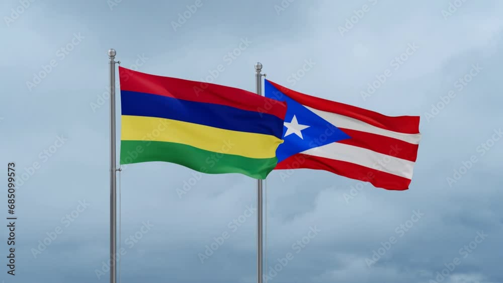 Puerto Rico and Mauritius flag waving together on cloudy sky, endless seamless loop, two country cooperation concept Puerto Rico and Mauritius flag waving together on cloudy sky, endless seamless loop, two country cooperation concept
