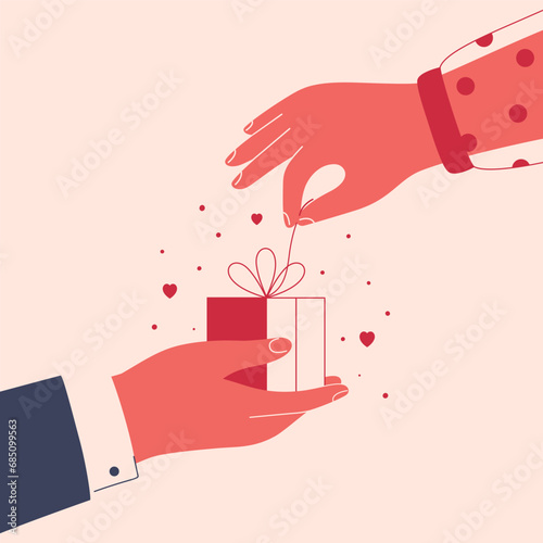 Male hand gives gift box to female hand with love. Festive present decorated with red bow shares from one arm to other. Valentine or birthday surprise box. Donation or Festive Vector illustration