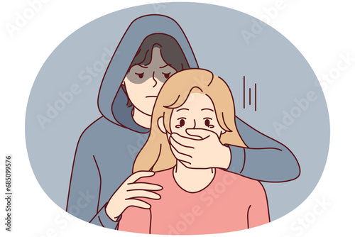 Man in hood close scared woman mouth with hand. Male criminal or offender attack terrified female. Concept of kidnapping and crime. Vector illustration.