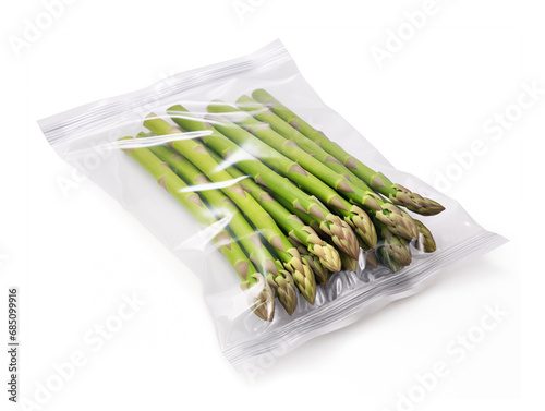 Asparagus in transparent package isolated on white background for designer.