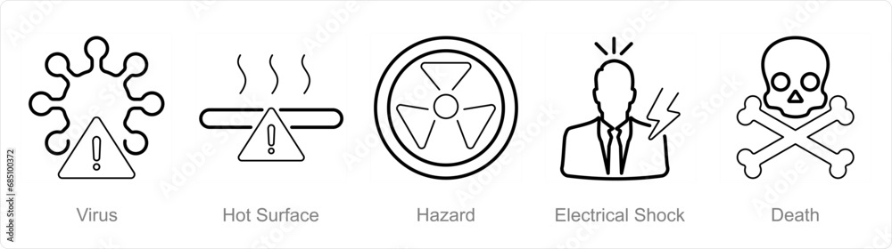 A set of 5 Hazard Danger icons as virus, hot surface, hazard A set of 5 Hazard Danger icons as virus, hot surface, hazard