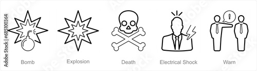 A set of 5 Hazard Danger icons as bomb, explosion, death, electrical shock