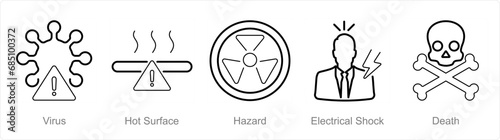 A set of 5 Hazard Danger icons as virus, hot surface, hazard