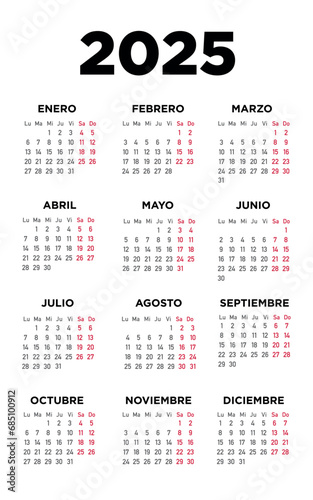 Calendario 2025 español. Semana comienza lunes 