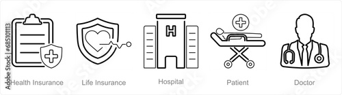 A set of 5 Health Checkup icons as health insurance, life insurance, hospital