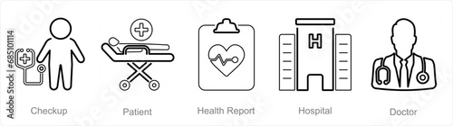 A set of 5 Health Checkup icons as checkup, patient, health report
