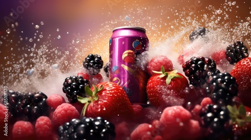 blue can soda drink berry illustration background 3d, water label, poster template blue can soda drink berry