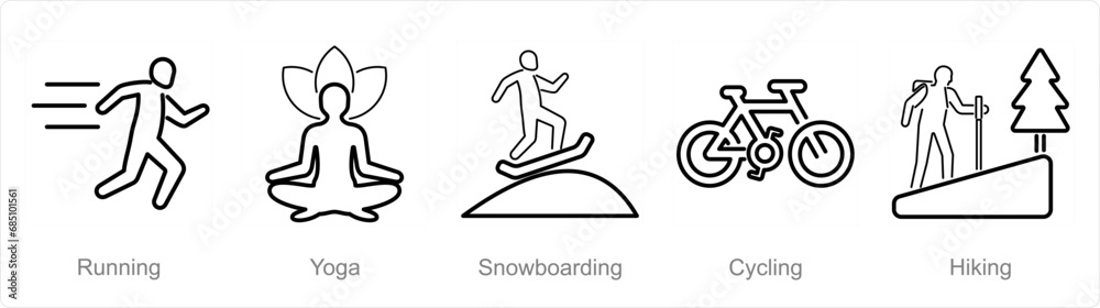 A set of 5 Hobby icons as running, yoga, snowboarding