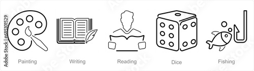 A set of 5 Hobby icons as painting, writing, reading