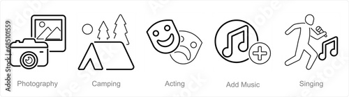 A set of 5 Hobby icons as photography, camping, acting