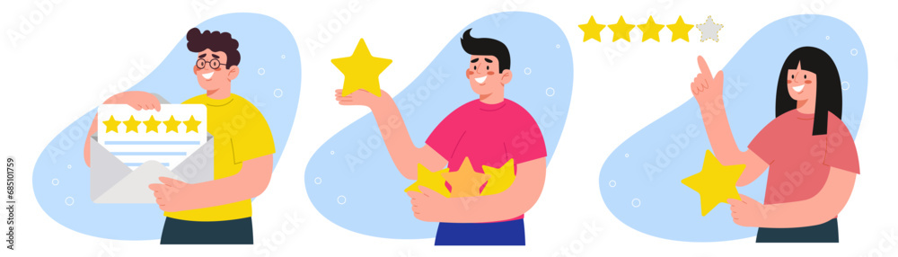Customer feedback about product or service quality illustration set. five star rating, positive service feedback, user experience, evaluation rank concept, user satisfaction. Сharacters leave review. Customer feedback about product or service quality illustration set. five star rating, positive service feedback, user experience, evaluation rank concept, user satisfaction. Сharacters leave review.
