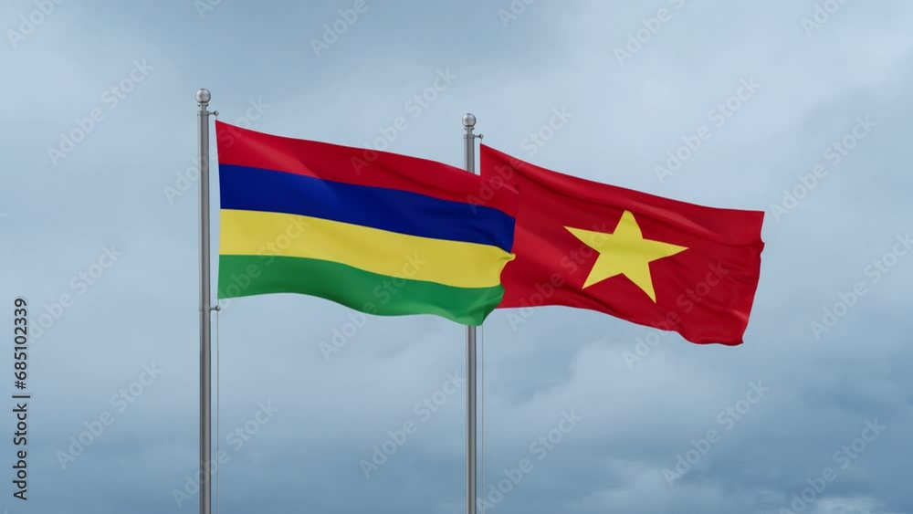 Vietnam and Mauritius flag waving together on cloudy sky, endless seamless loop Vietnam and Mauritius flag waving together on cloudy sky, endless seamless loop