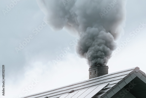 A modern house emits black smoke from its chimney in winter, causing environmental pollution and global warming. Black smoke from  chimney of a house in the countryside shows the impact of heating. photo