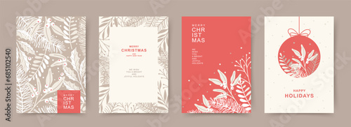 Merry Christmas greeting cards. Elegant design with fir branches, mistletoe, winter floral elements. Holiday artistic vector templates for banner, invitation, poster, advertising, social media