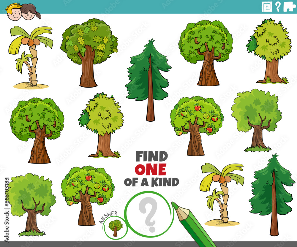 one of a kind educational game with cartoon trees