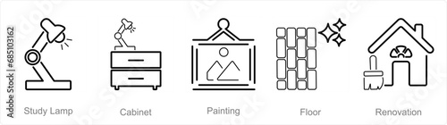 A set of 5 Home Interior icons as study lamp, cabinet, painting
