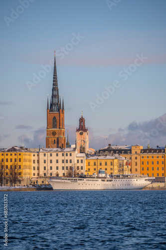 Churches, court houses and hostel ship on the island Riddarholmen, a snowy winter day in Stockholm Sweden