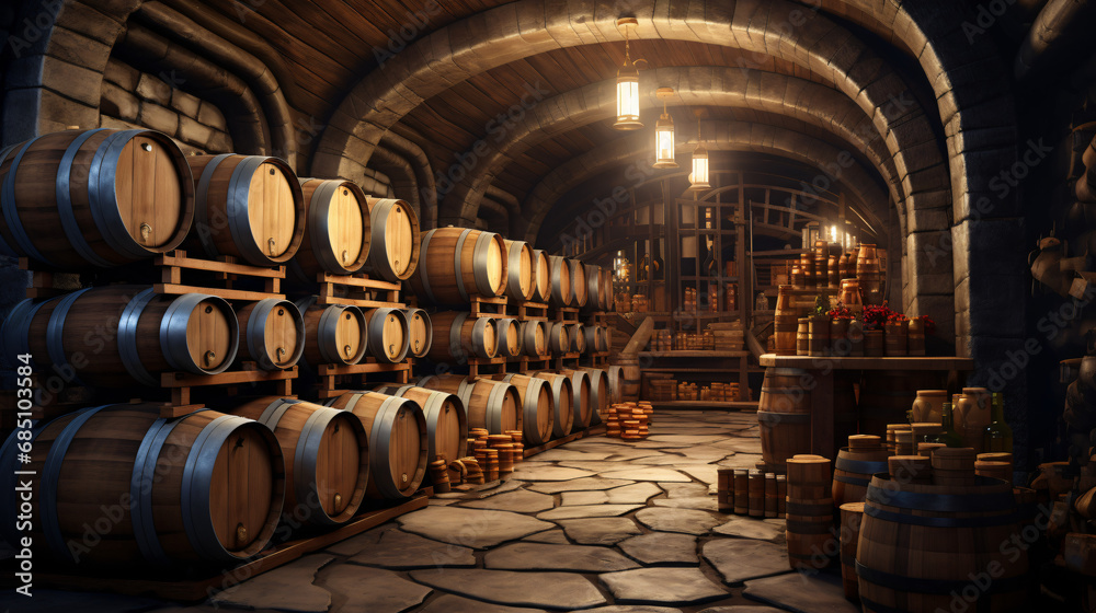 Barrels in the wine cellar 3d illustration