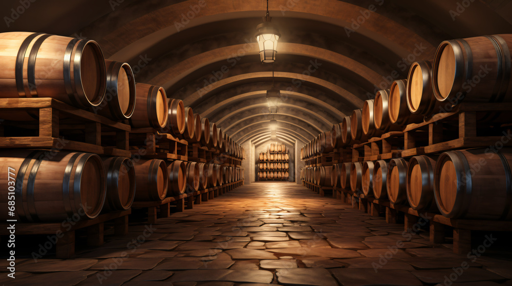 Barrels in the wine cellar 3d illustration