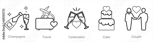 A set of 5 Honeymoon icons as champagne, travel, celebration