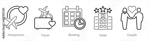 A set of 5 Honeymoon icons as honeymoon, travel, booking
