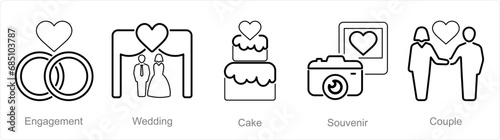 A set of 5 Honeymoon icons as engagement, wedding, cake